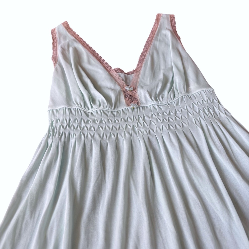 Vintage Sears L 38-40 Light Green Sheer Lace Trim Sleeveless Babydoll nightgown